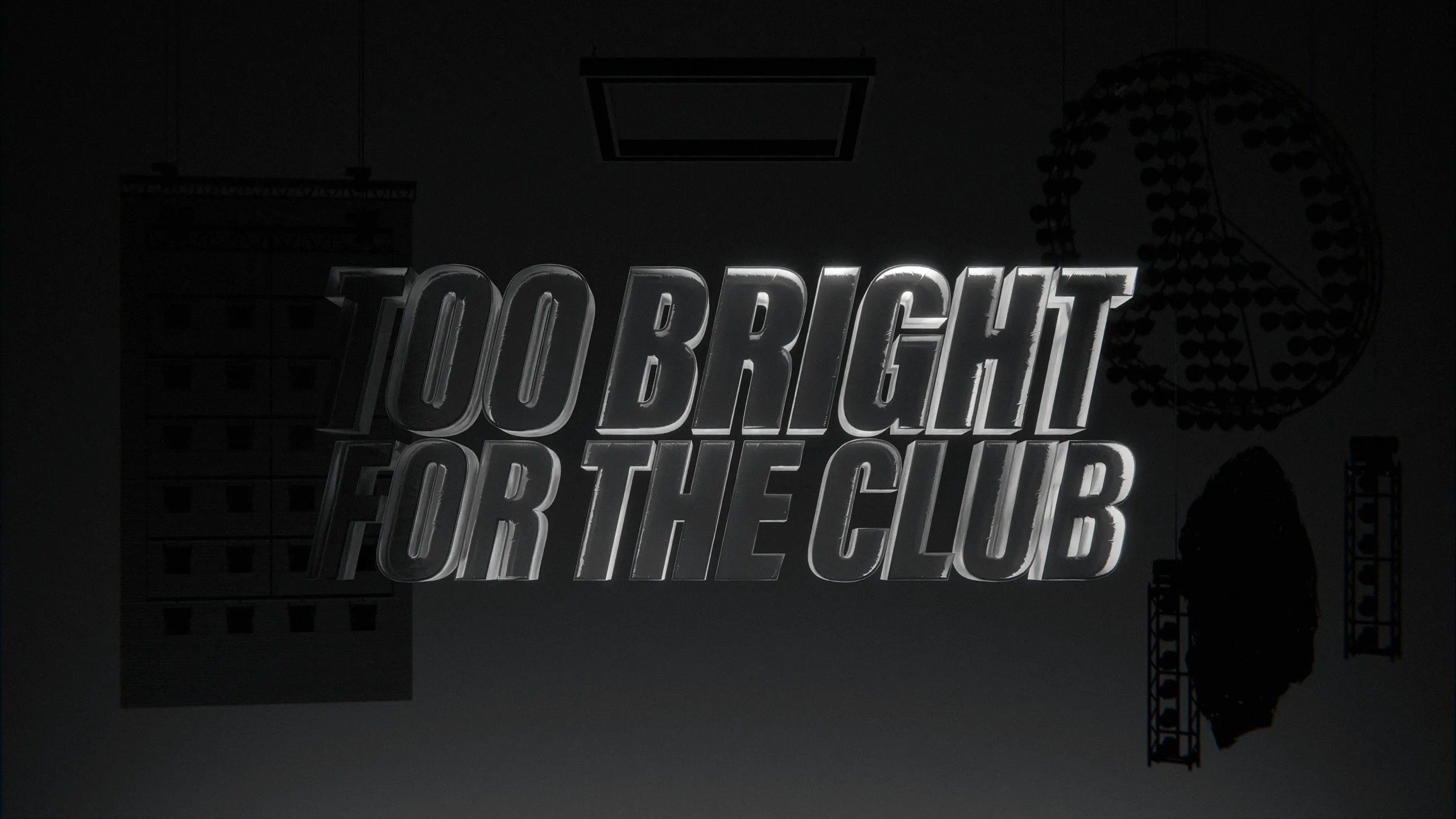 TOO BRIGHT FOR THE CLUB logo with project highlights