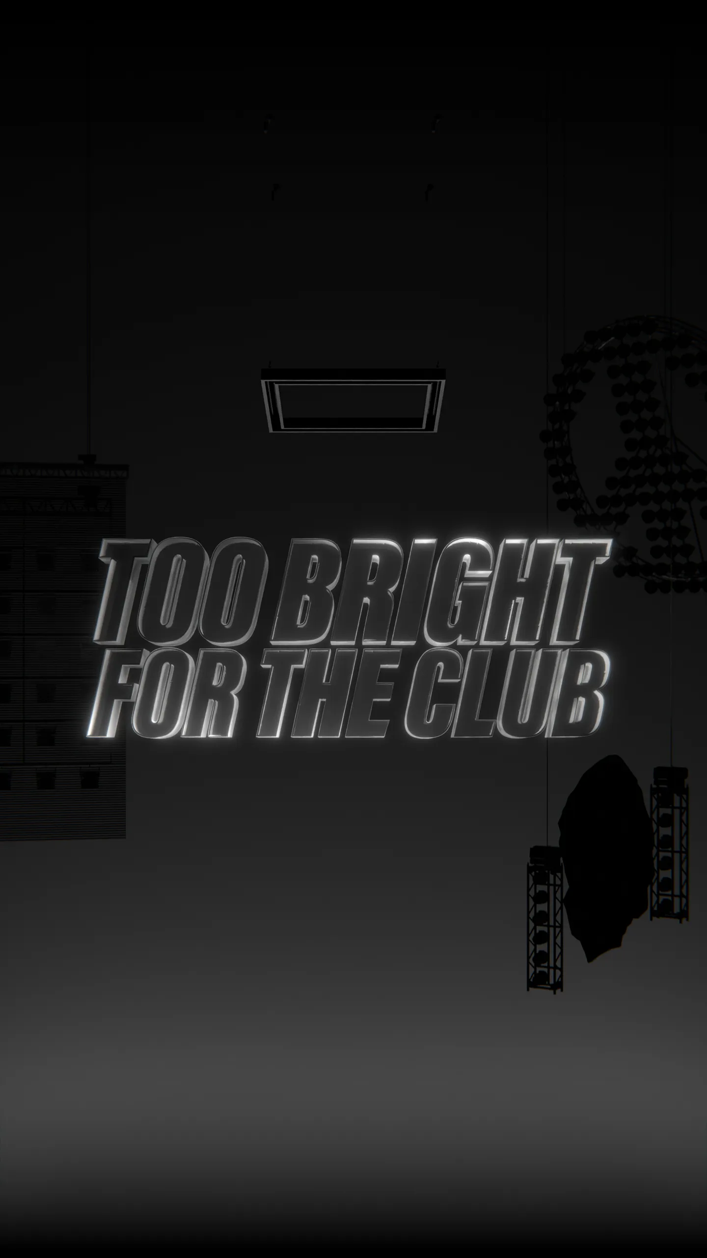 TOO BRIGHT FOR THE CLUB logo with project highlights